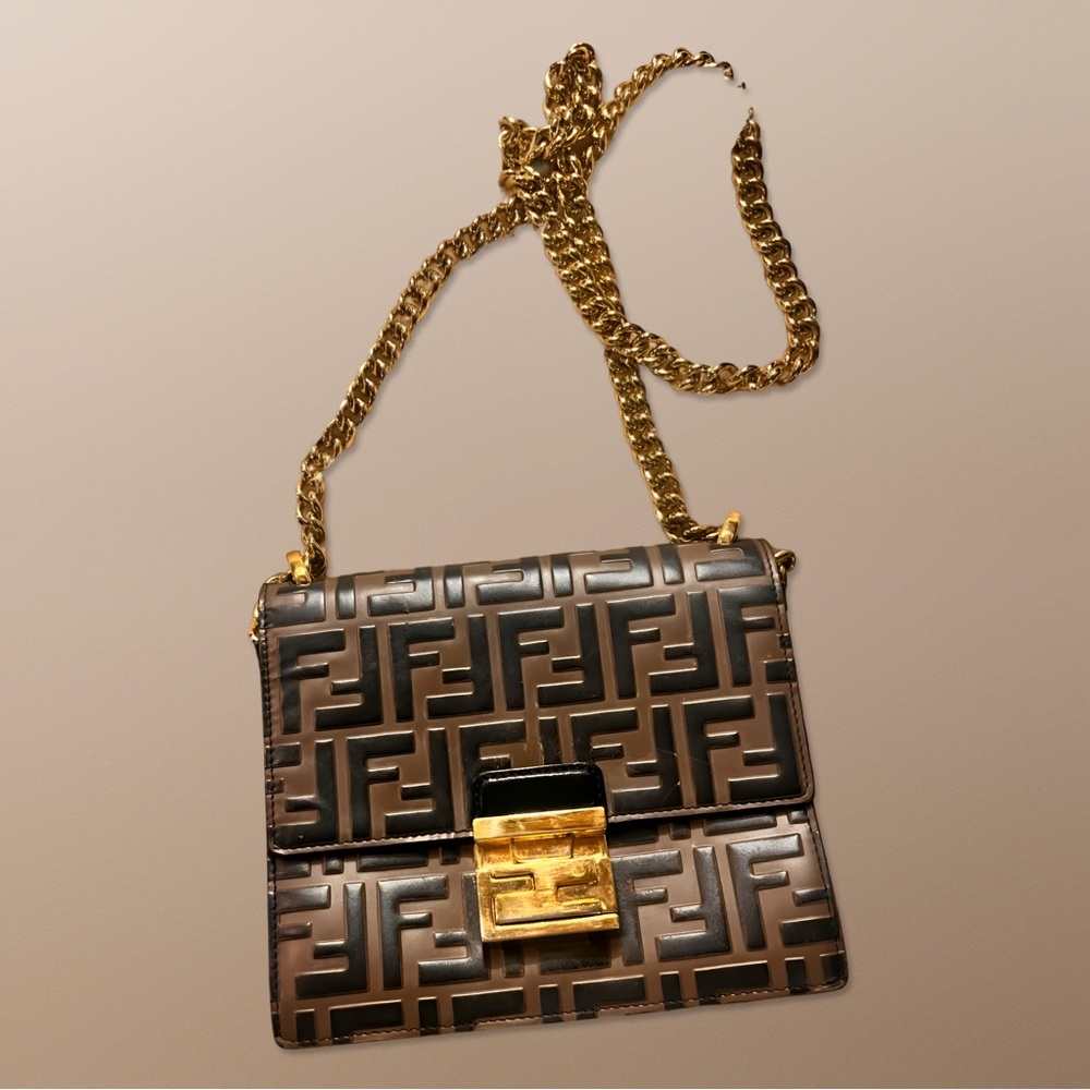 FENDI • VINTAGE MONOLOGUE PURSE • Black Brown Leather With Gold Chain Crossbody